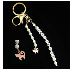 Karma Is A Cat Keychain Pearls and Pink Crystals on A Gold Tone Keyring Pink Cat